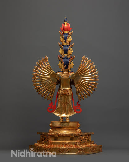 Back view of 1000-Armed Guan Yin Statue highlighting carved patterns and fire-gilded body