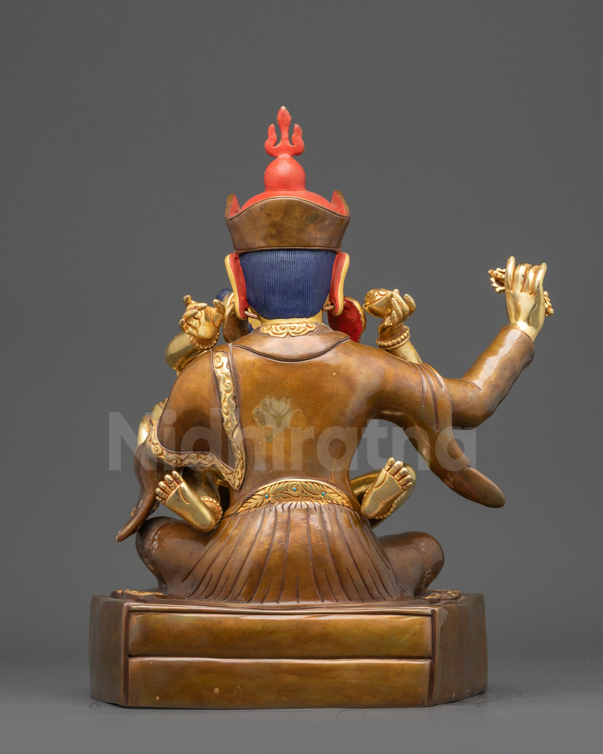 Back view of 12-inch Deva Guru Rinpoche Yab-Yum sculpture steated on details pedetsal 