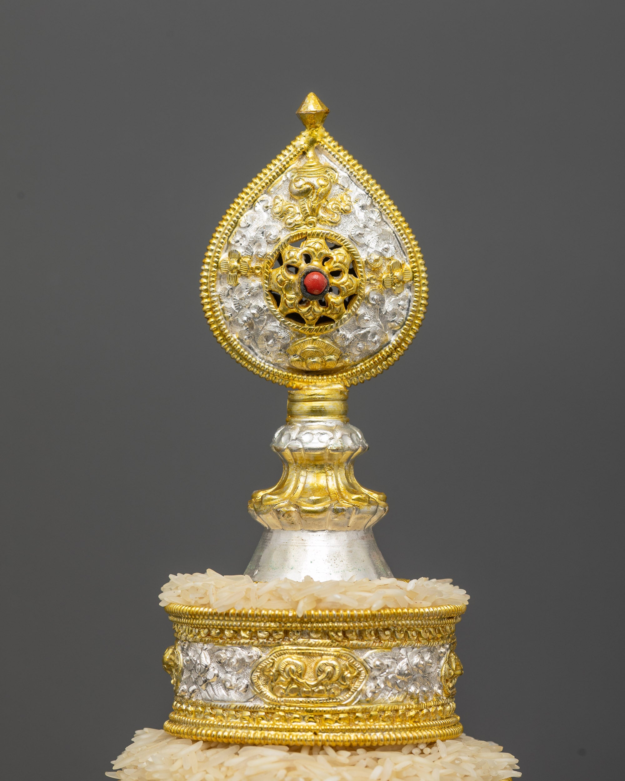 Back view of 5" Tibetan Mandala crowned with wisdom wheel