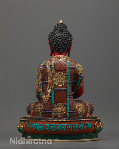 Back view of Amitabha Buddha Sculpture showing intricate carvings and vibrant acrylic colors