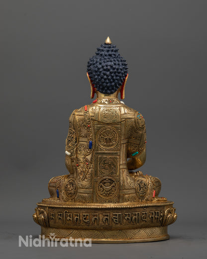 Back view of Amitabha Buddha Statue showing engraved lotus seat and intricate patterns
