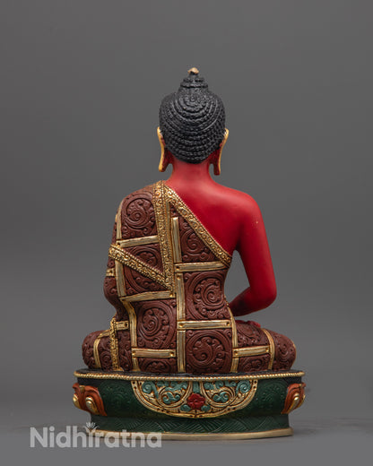 Back view of Amitabha Buddha statue highlighting multi-coloured lotus seat and intricate carving