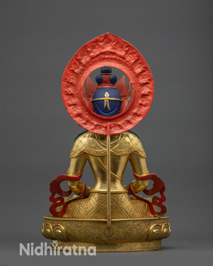 Back view of Amitayus Buddha showing floral halo and intricate artisan detailing