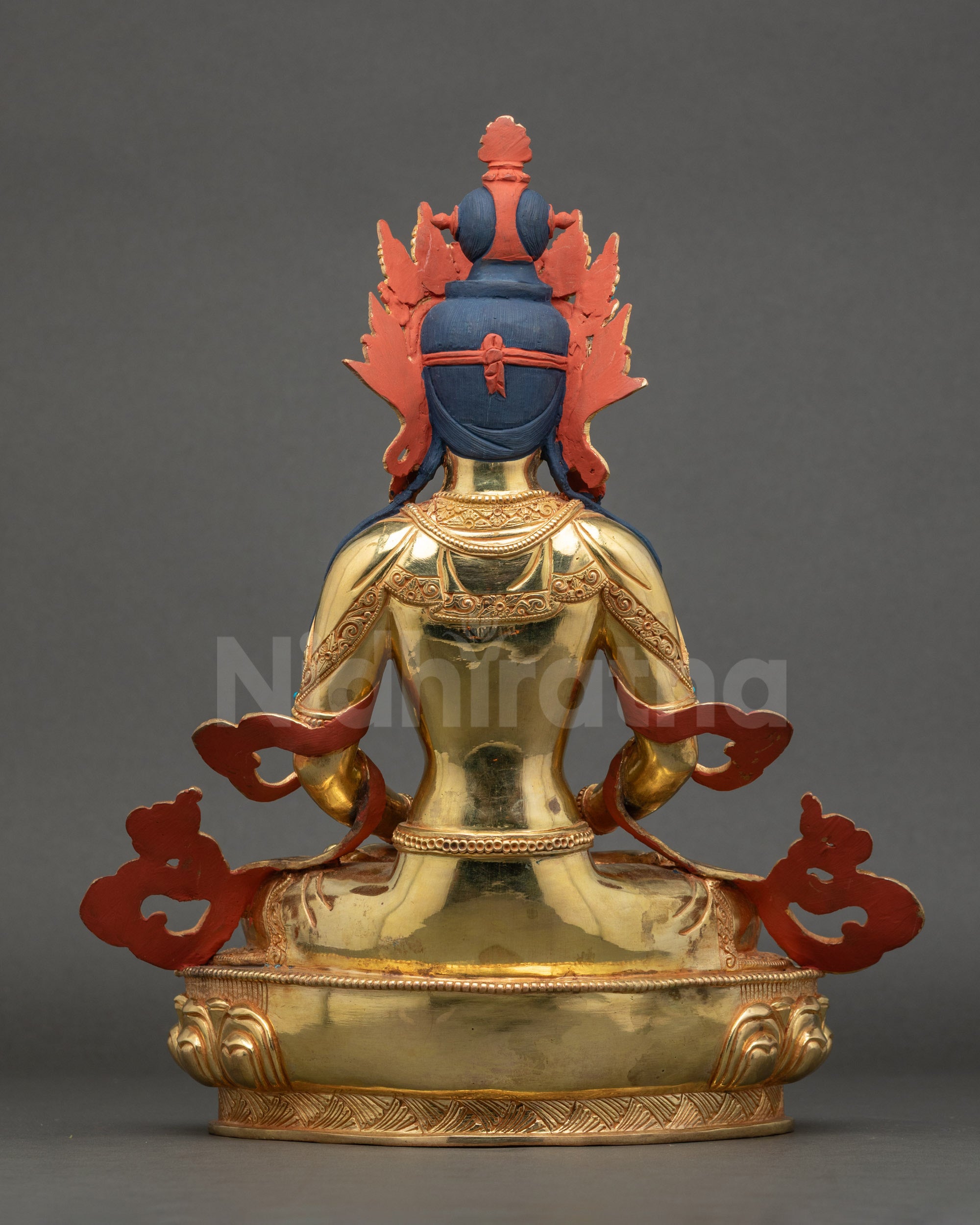 Back view of Amitayus Buddha statue showing lotus throne and intricate craftsmanship