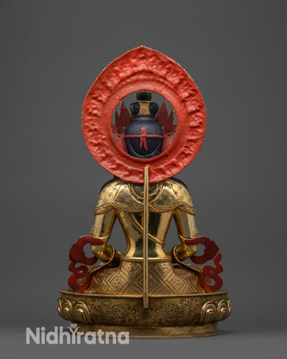 Back view of Amitayus Statue showing intricate floral designs and lotus pedestal