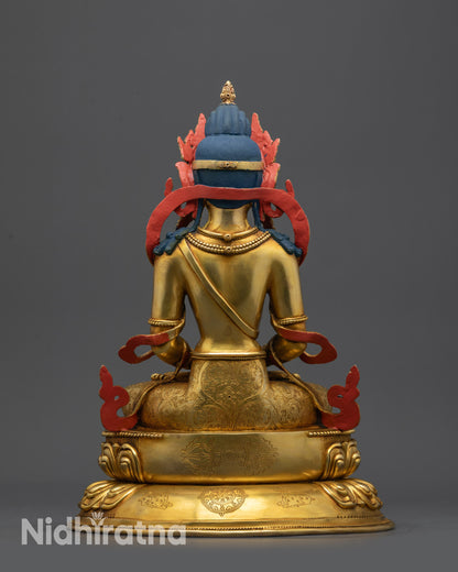 Back view of Amitayus Statue with dorje dharma wheel and deer carving on base
