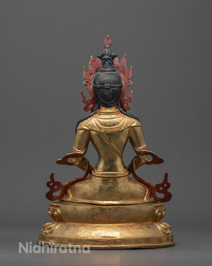 Back view of Amitayus Tsepame Statue highlighting detailed carvings and gold fire finish