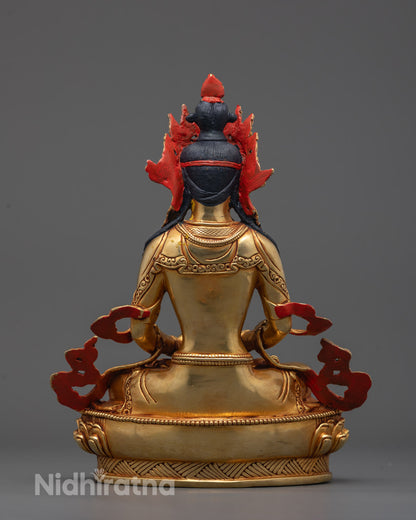 Back view of Amitayus statue highlighting detailed lotus base and lower garlands