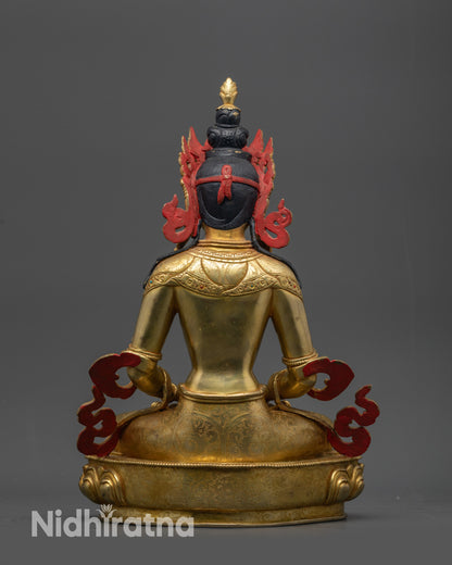 Back view of Amitayus statue highlighting double-layered lotus seat and gold finish