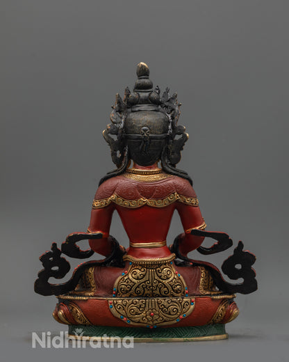 Back view of Amitayus statue highlighting intricate carvings and vibrant gold-plated finish