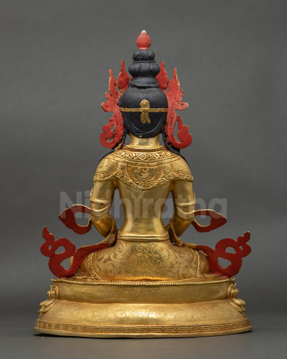 Back view of Amitayus statue highlighting lotus throne and intricate Newari craftsmanship