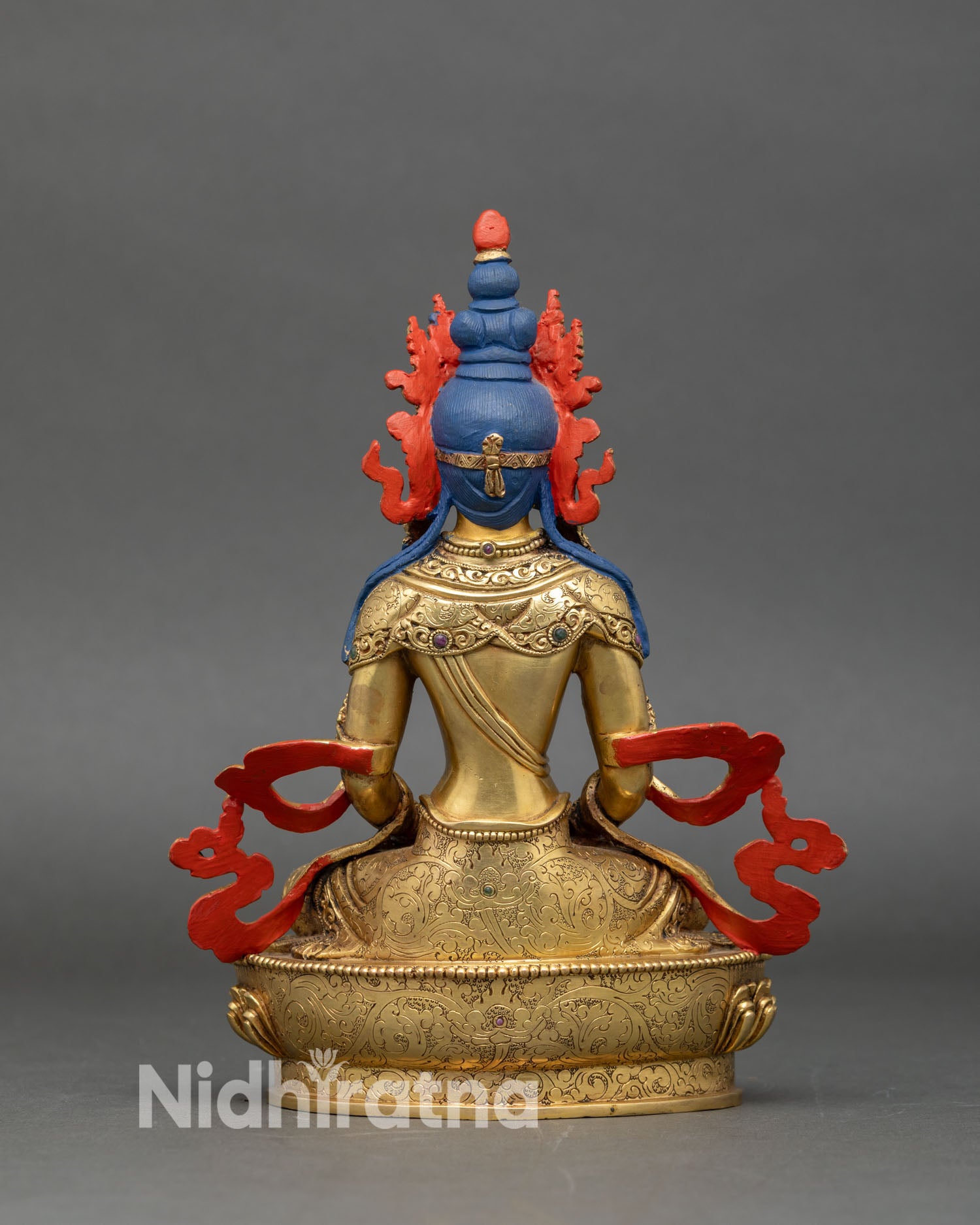 Back view of Amitayus statue, ornate double-lotus throne and detailed craftsmanship