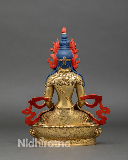Back view of Amitayus statue, ornate double-lotus throne and detailed craftsmanship
