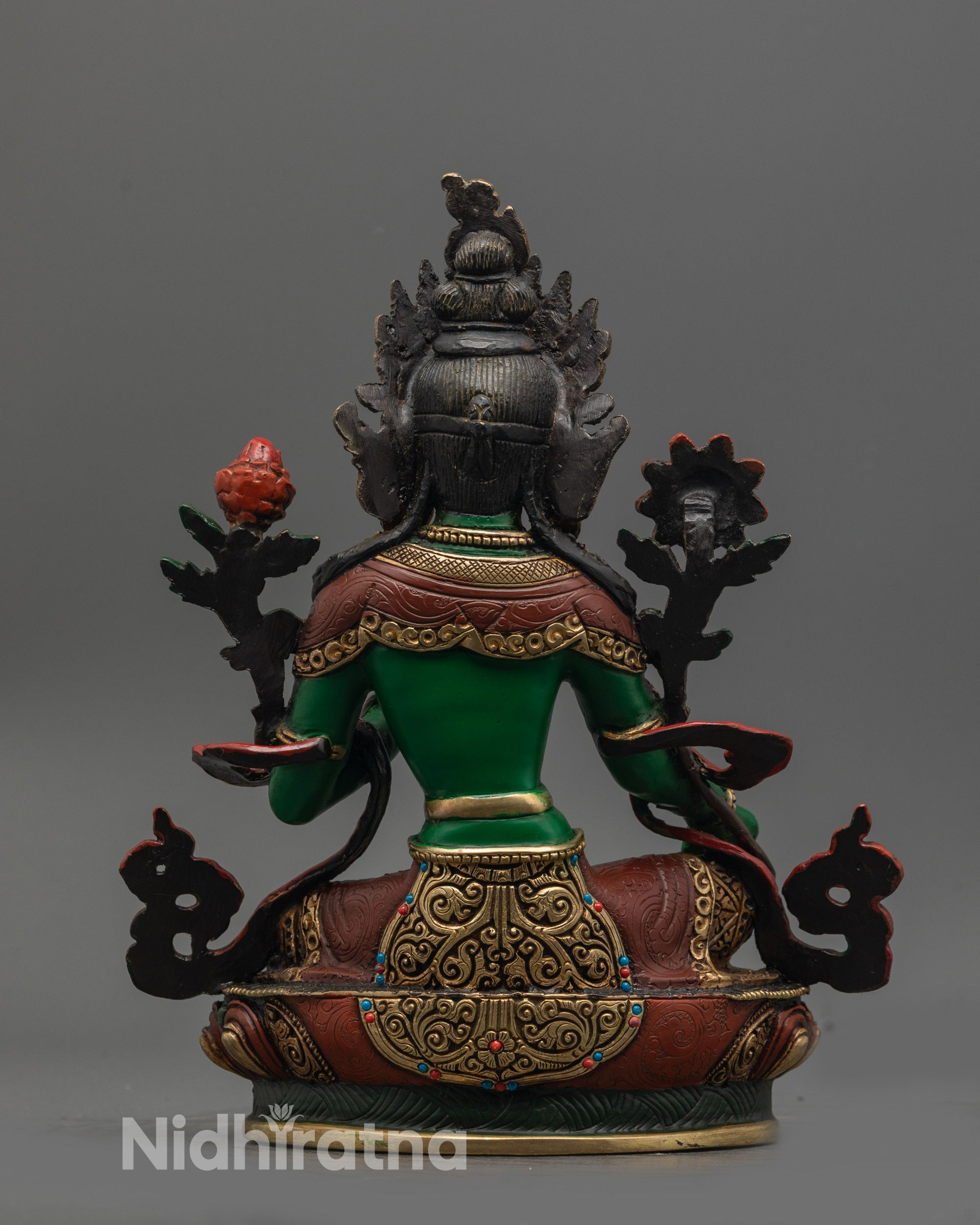 Back view of Authentic handcrafted Green Tara deity statue for meditation