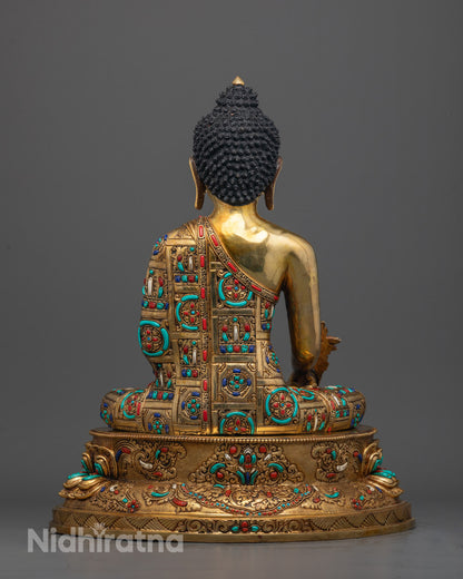 Back view of Bhaisajyaguru Healing Buddha Statue with intricate lost wax carvings