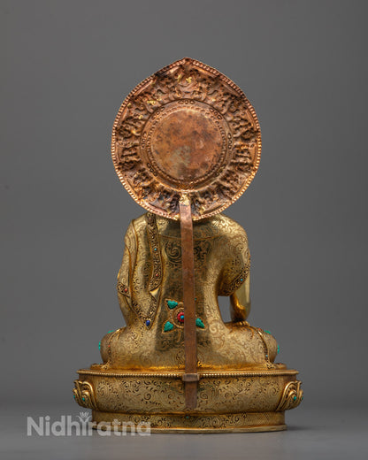 Back view of Buddha statue highlighting ornate patterns and gold fire-gilded body finish


