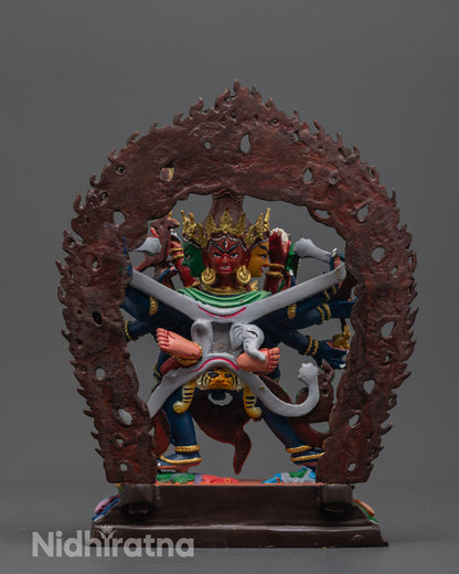 Back view of Chakrasamvara Statue showing detailed copper craftsmanship, ornate halo