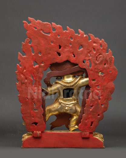 Back view of Chana Dorje Tibetan statue with blazing halo and detailed lotus base