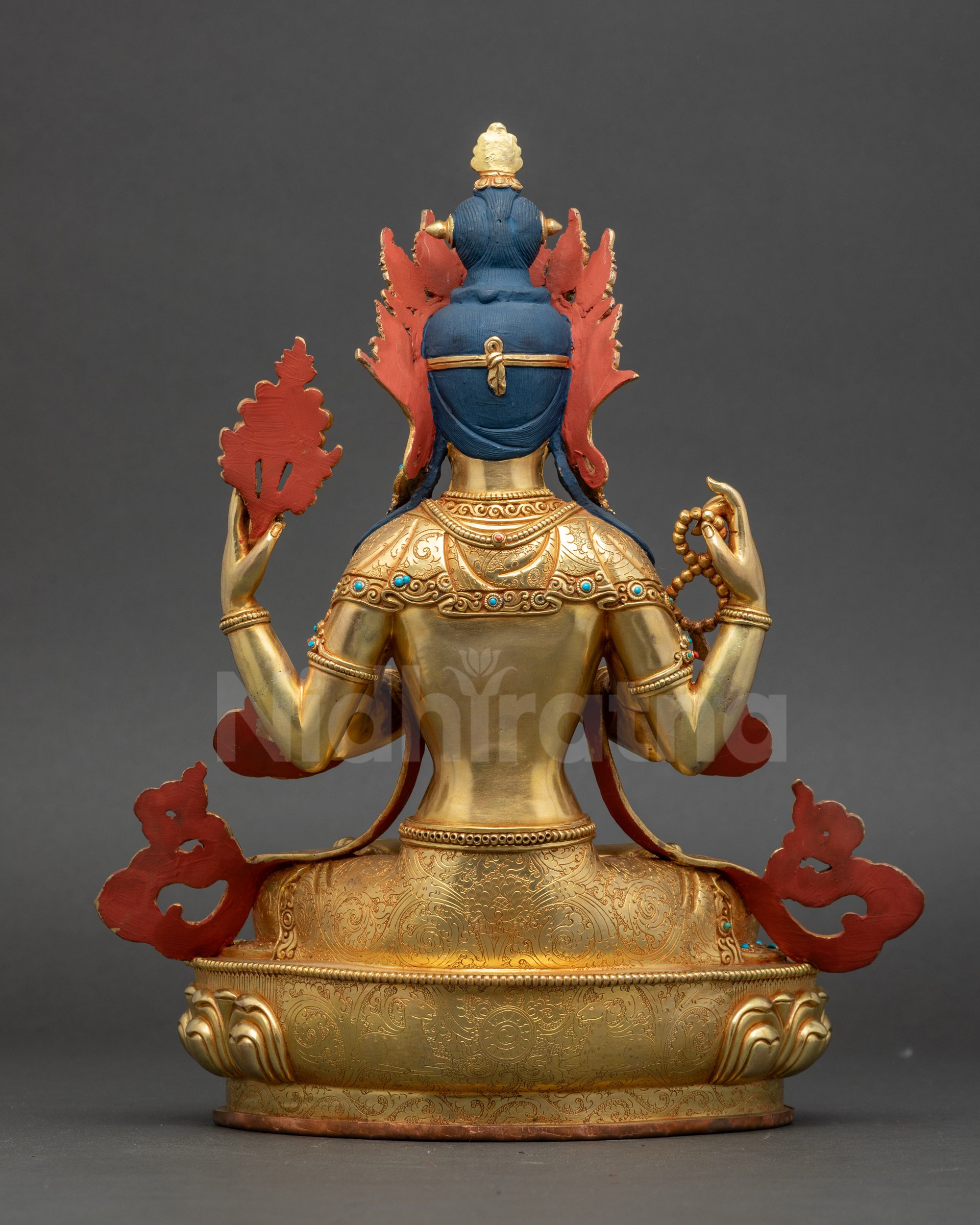 Back view of Chenrezig Bodhisattva sculpture highlighting intricate lost-wax craftsmanship