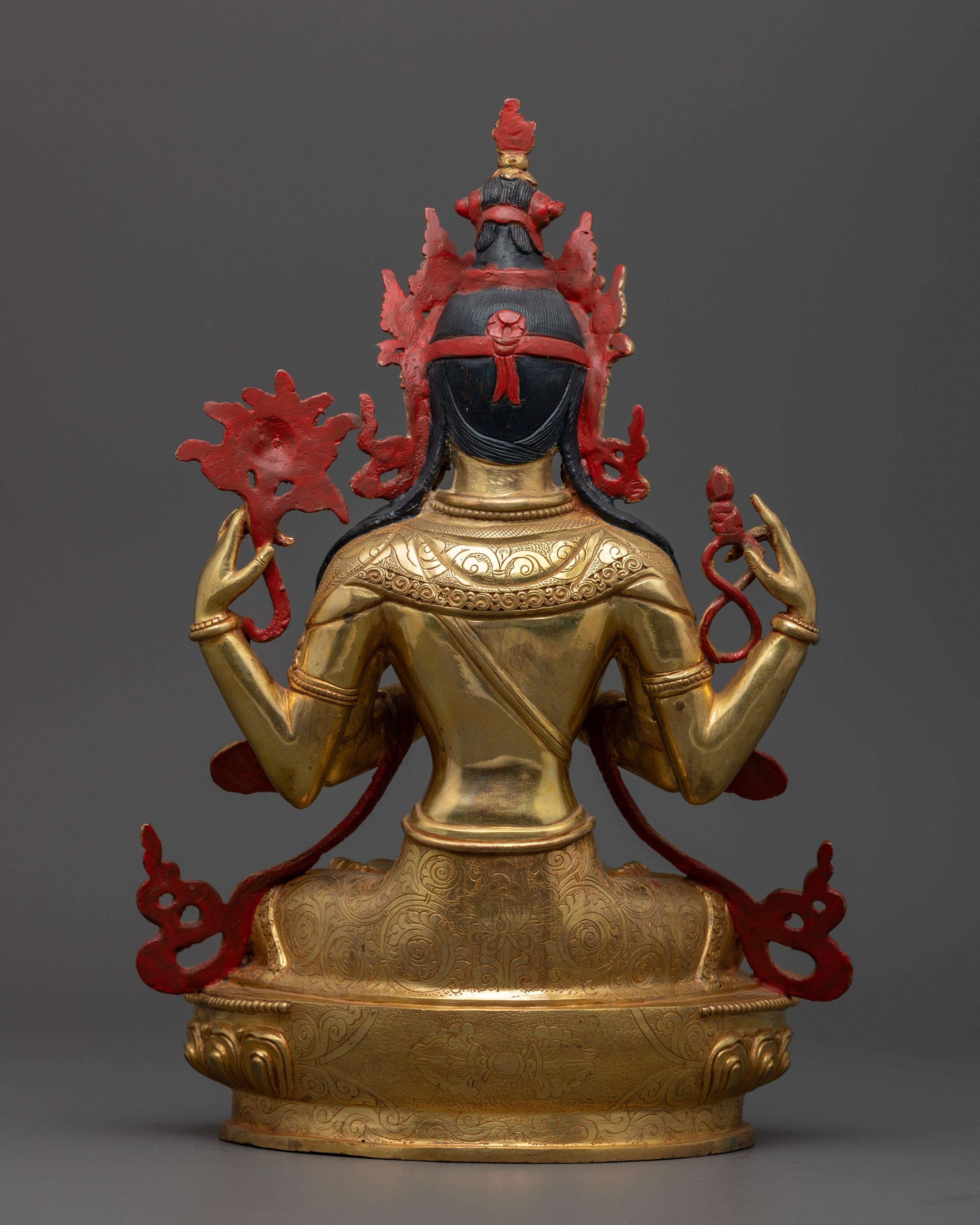 Back view of Chenrezig Bodhisattva statue, handcrafted Himalayan Buddhist altar art from Nepal