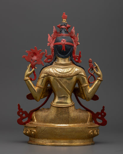 Back view of Chenrezig Bodhisattva statue, handcrafted Himalayan Buddhist altar art from Nepal