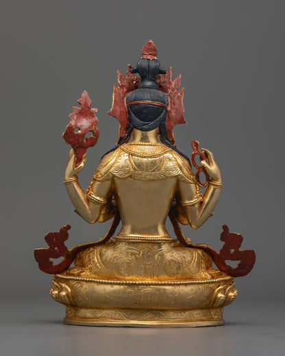 Back view of Chenrezig Bodhisattva statue highlighting intricate carvings and copper base
