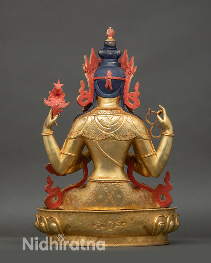 Back view of Chenrezig Bodhisattva statue showing lotus seat and gilded detailing