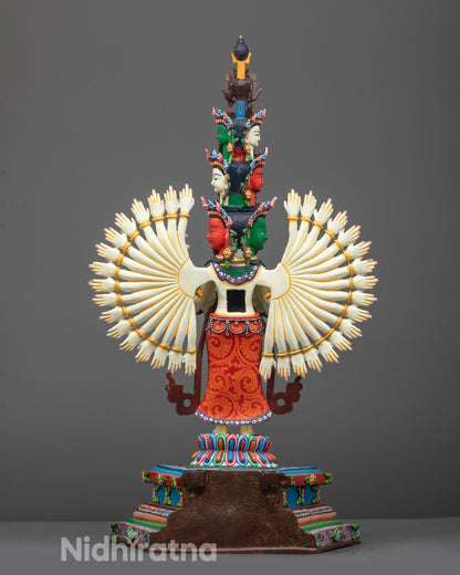 Back view of Chenrezig Statue highlighting carved patterns and vibrant premium colors
