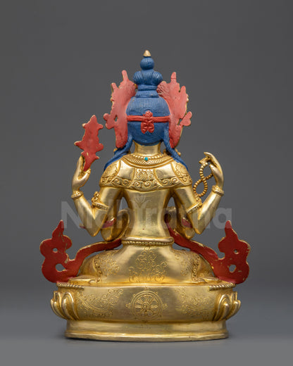 Back view of Chenrezig Statue highlighting carved robes and gold fire-gilded base