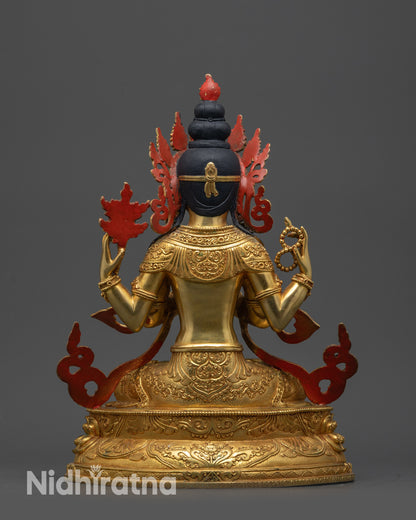 Back view of Chenrezig Statue highlighting detailed carving and double-layered lotus seat