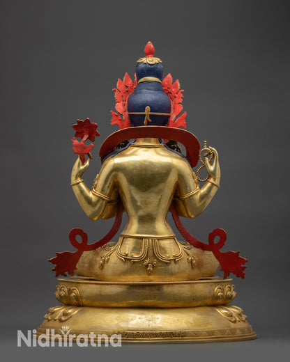 Back view of Chenrezig Statue showing carved robes and lotus base with deer