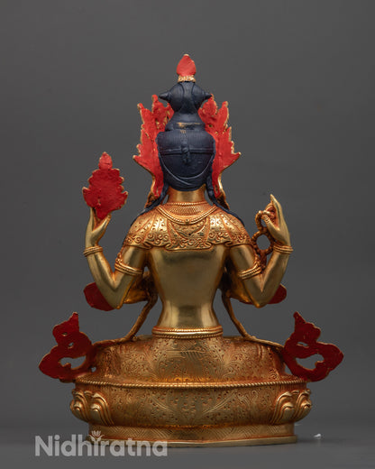 Back view of Chenrezig Statue showing lotus throne and detailed artisan copper work