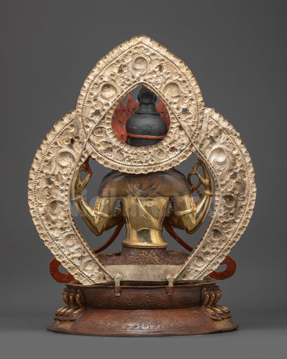 Back view of Chenrezig Statue with intricate robes and double-layered lotus seat