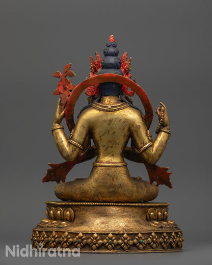 Back view of Chenrezig statue highlighting carved patterns and antique finish