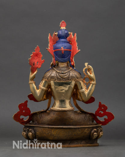 Back view of Chenrezig statue highlighting lotus pedestal and intricate artisan engraving