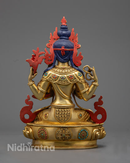 Chenrezig statue revealing the hollow mantra chamber and detailed lotus throne carvings by Nepalese artisans.