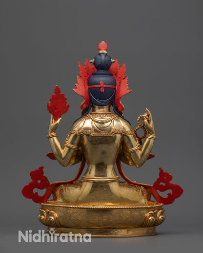 Back view of Chenrezig statue showing lotus seat with vajra symbol carving