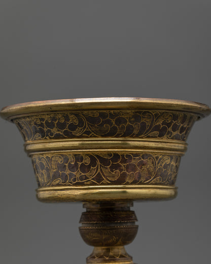 Back view of Copper and Brass Butter Lamp used in Tibetan Buddhist light rituals