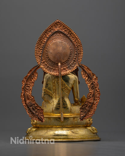 Back view of Crown Medicine Buddha Statue showing detailed robe and gold halo design