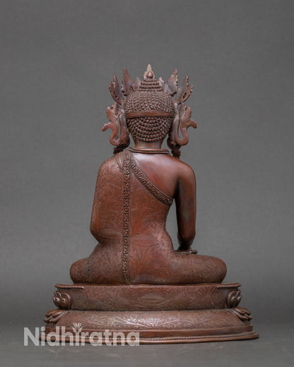 Back view of Crown Shakyamuni Buddha statue with detailed double lotus base and traditional design