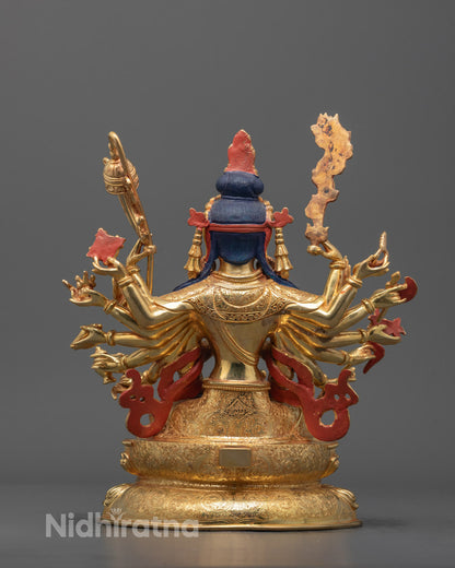 Back view of Cundi Bodhisattva Statue displaying detailed lotus throne and hollow mantra space