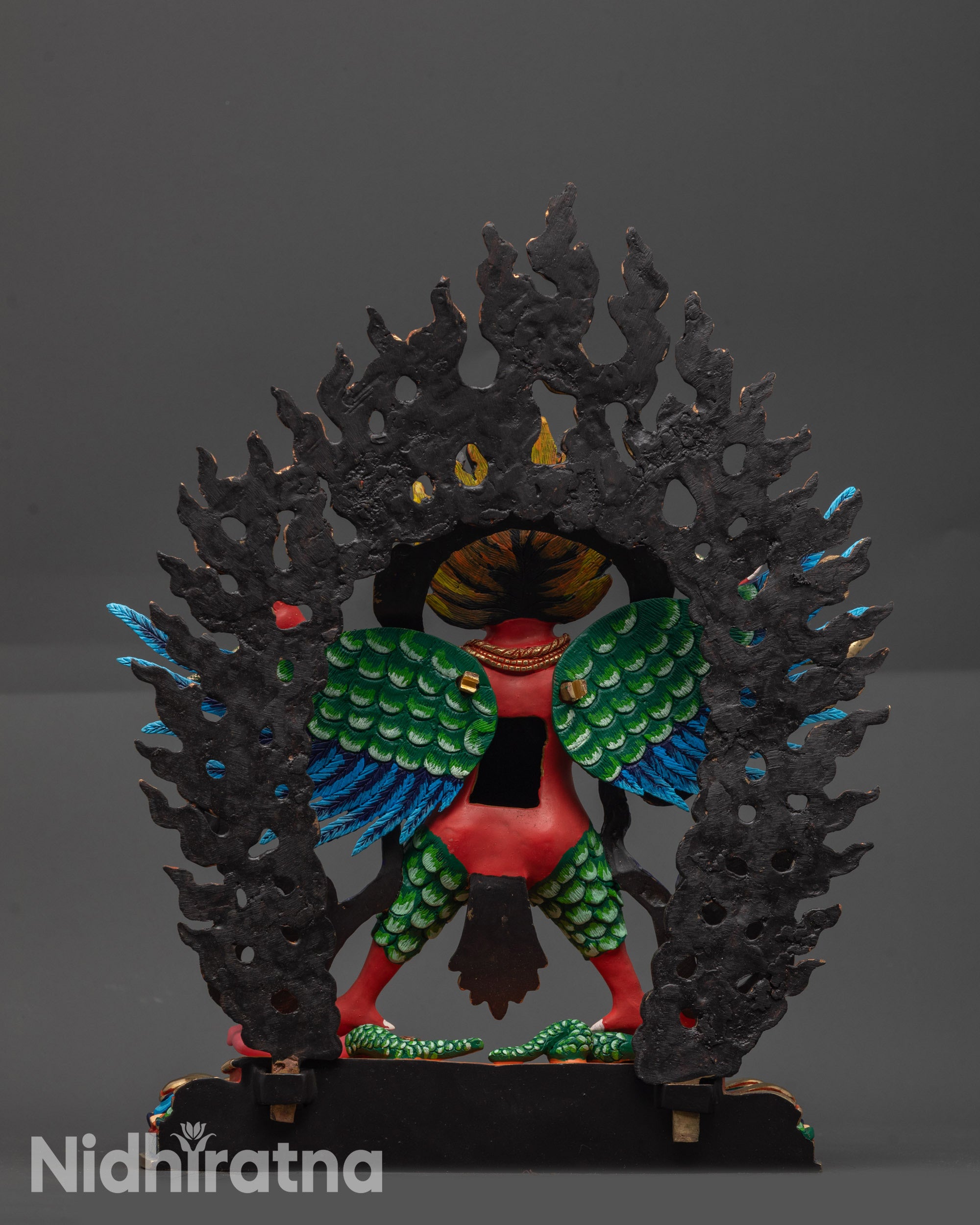 Back view of Divine Garuda Statue showing blazing halo and multi-colored lotus seat