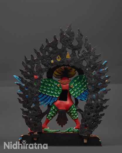Back view of Divine Garuda Statue showing blazing halo and multi-colored lotus seat