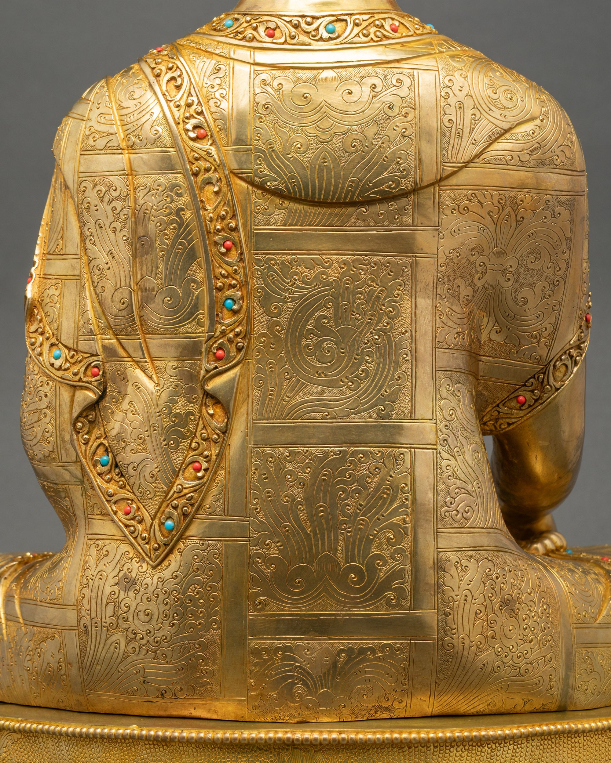Back view of Divine Shakyamuni Buddha Sculpture showing carved robes and craftsmanship