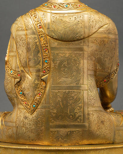 Back view of Divine Shakyamuni Buddha Sculpture showing carved robes and craftsmanship