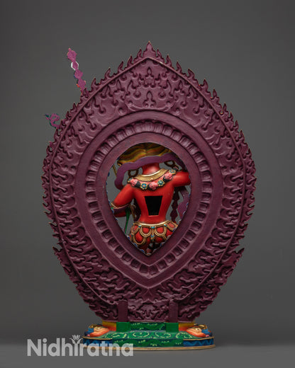 Back view of Dorje Phagmo statue showing halo, lotus base, and intricate jewelry