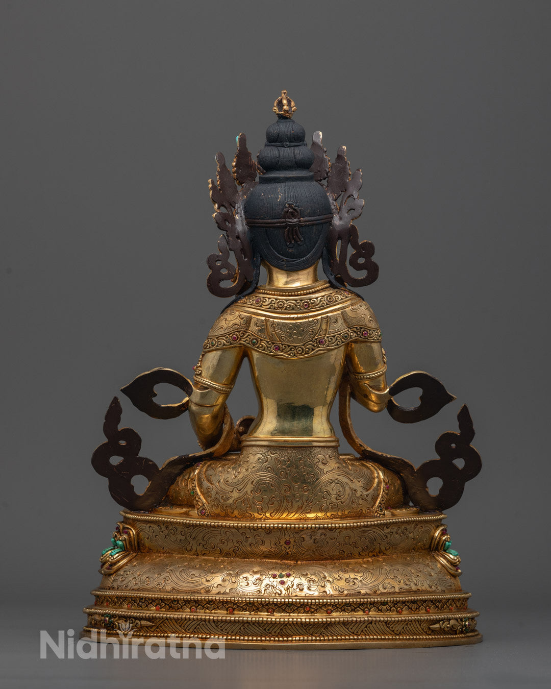 Back view of Dorje Sempa Statue highlighting fire-gilded body and expert lost wax craftsmanship