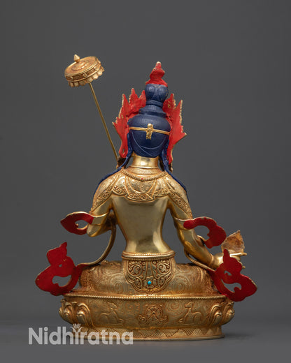 Back view of Dukar statue showing lotus pedestal, sun disc, and detailed robe carvings