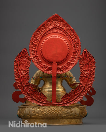 Back view of Dzambhala Sculpture with halo and ornate carvings from Nepal