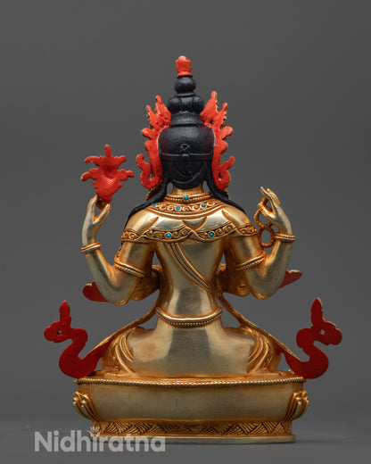 Back view of Four-Armed Chenrezig statue highlighting gold fire-gilded body and details